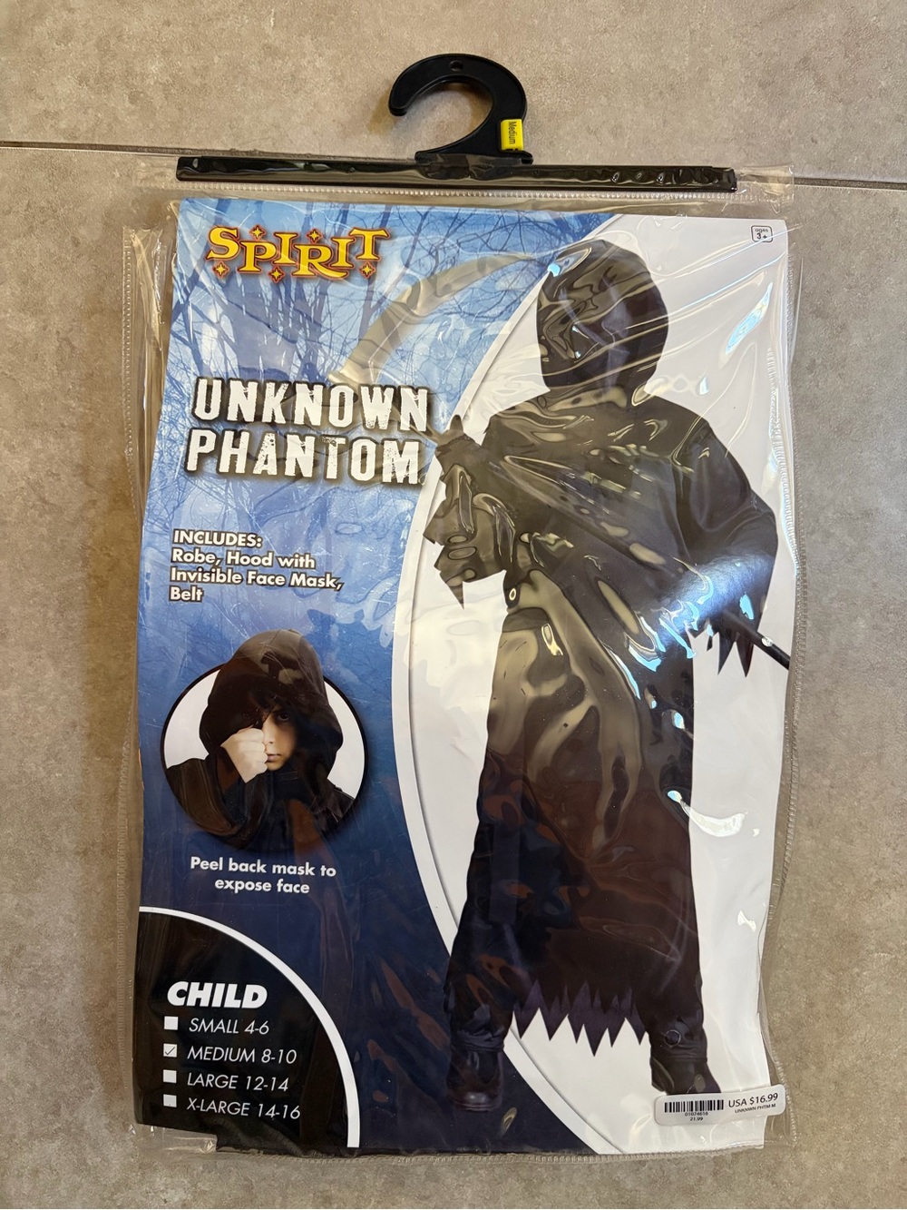 Spirit Kids Costume Unknown Phantom Black Invisible Mask, Robe, Belt Medium 8-10